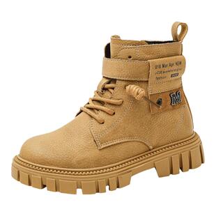 真皮男童马丁靴2025秋冬新儿童单靴中大童棉靴二棉加绒男孩小黄靴