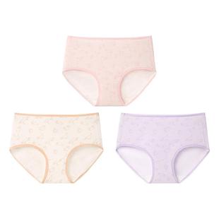 爱美丽3条装印花10A抗菌棉感无痕内裤女士中腰桑蚕丝底档平角裤薄
