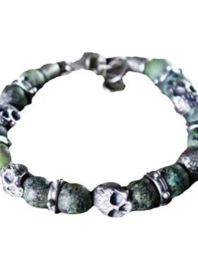 氧化纯银绿松石宝石手链哥特骷髅