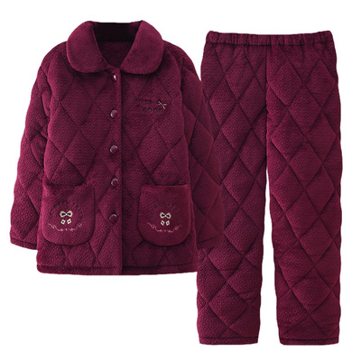 睡衣女秋冬季加厚棉袄珊瑚绒夹棉