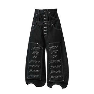 YIZILINGF 原创小众廓形伐木原牛男女个性双腰黑色Baggy牛仔长裤