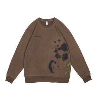 时尚国风熊猫绣花加绒长袖卫衣男士2026春季宽松潮流圆领打底衫潮