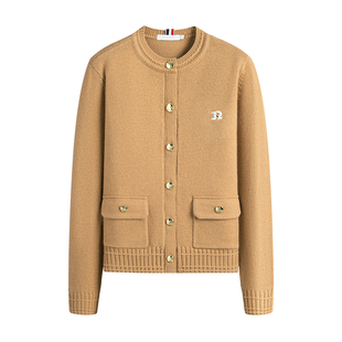 Navigare意大利小帆船羊毛针织开衫女士秋季新款撞色圆领毛衣外套