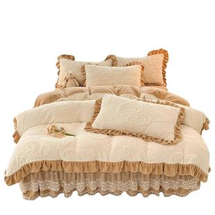 冬季加厚牛奶绒四件套床裙款珊瑚法兰绒双面绒被套床单公主风床品