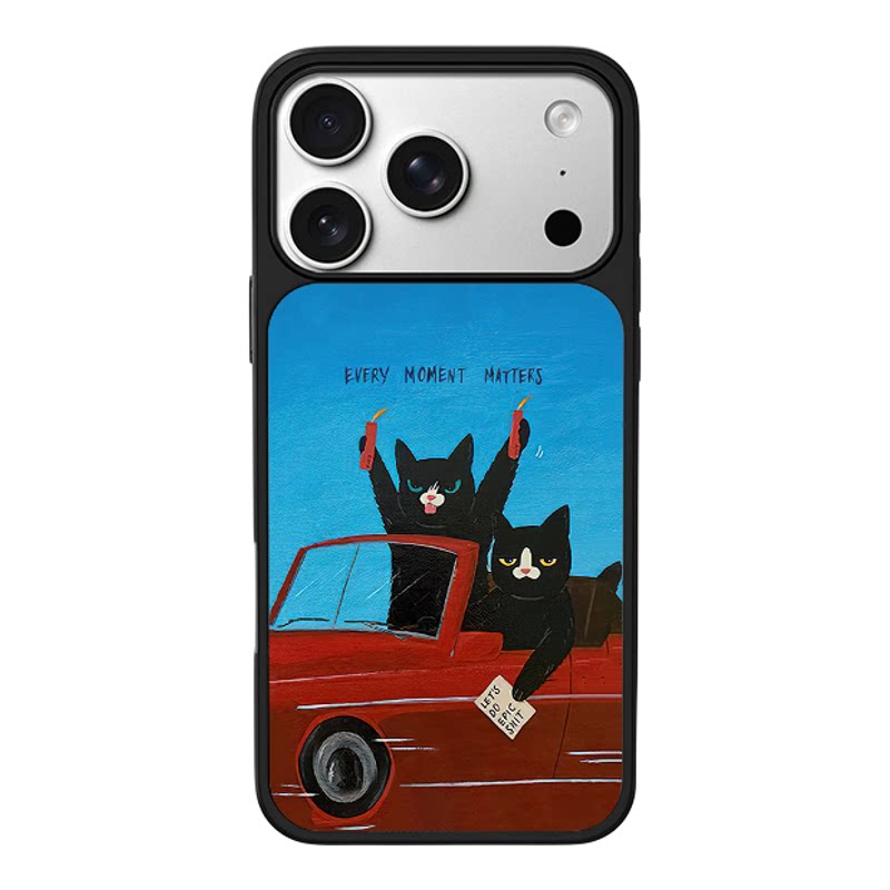 蓝天敞篷红车两只黑猫咪趣味英文适用苹果17promax新款手机壳iPhone air/16pro/15plus14玻璃13pro手机套冰感