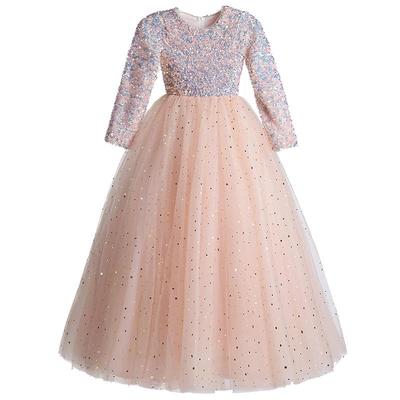 儿童礼服长袖秋冬女童亮片婚纱