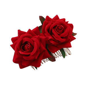 结婚礼喜婆婆花头花发夹边夹插梳广场舞蹈头饰表演出玫瑰花朵红色