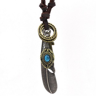 日韩十字架可调节皮绳高桥复古宝石羽毛项链潮男女嘻哈原宿风挂件