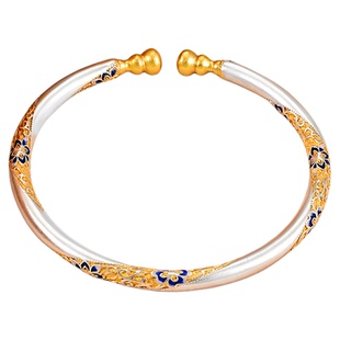 银千造 福禄繁花足银999实心葫芦银手镯描金珐琅彩银镯子新年礼物