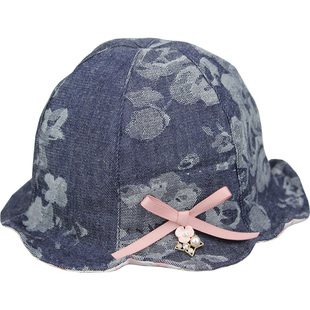 女童帽子秋季薄款瓜皮提花深牛仔纯棉儿童女宝宝小孩百搭渔夫帽子