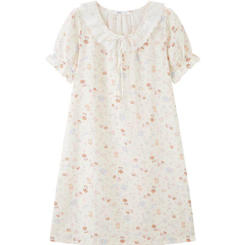 三福女夏季棉花边圆领睡裙 甜美清新印花宽松短袖家居服517826