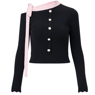 [商场同款]MAXRIENY斜肩系带撞色套头针织衫修身收腰长袖打底上衣