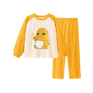 奶龙女童法兰绒睡衣秋冬加厚珊瑚绒中大童套装2025新款儿童家居服