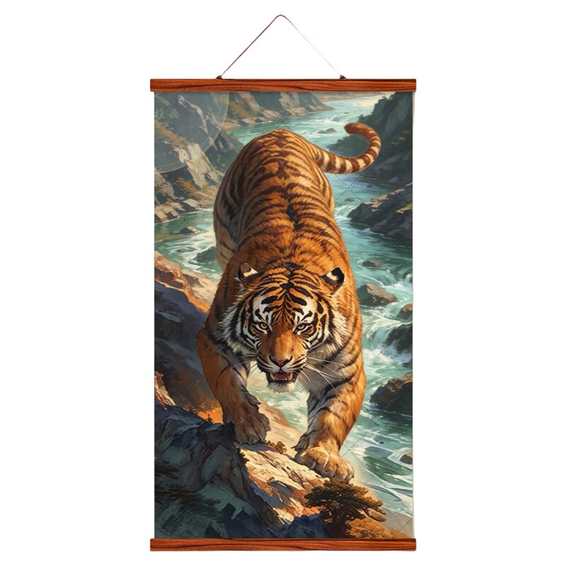 猛虎下山实木卷轴装饰画旺宅