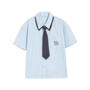 紫涵学院风条纹短袖衬衫女2026夏季新款撞色领带胸徽印花宽松衬衣