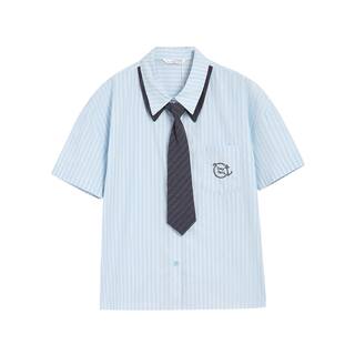 紫涵学院风条纹短袖衬衫女2026夏季新款撞色领带胸徽印花宽松衬衣