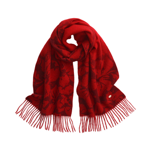 ELLE100%山羊绒花卉红色提花围巾女士冬季保暖送礼礼盒装新年围脖