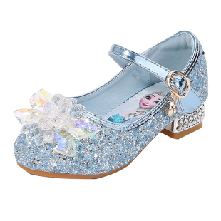 女童爱沙公主鞋儿童闪亮水晶凉鞋宝宝小皮鞋软底魔术贴艾莎高跟鞋