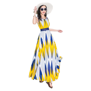 莎点新款格子连衣裙雪纺大摆度假旅游沙滩裙及踝气质时尚长款裙子