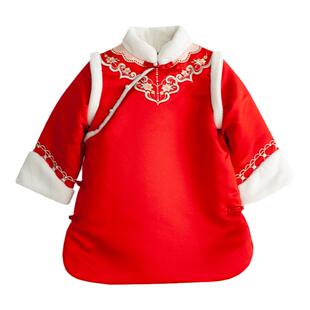 汉服女童冬装宝宝中国风加厚云肩刺绣旗袍裙小女孩拜年服过年新装