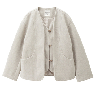 设计师款佐丹奴无领大衣女装新款假两件宽松V领毛呢外套18375822