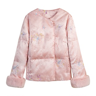 【粉蝶】冬季新中式国风刺绣白鹅绒圆领短款羽绒服保暖外套