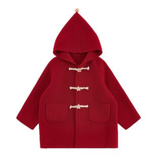幼悠女童连帽外套冬季新款羊毛保暖双面呢大衣小红帽女孩红色上衣