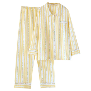 泡泡棉纱睡衣女款长袖长裤春秋季条纹碎花双层纯棉纱布家居服套装