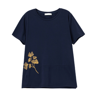 短袖T恤女夏季加肥加大码女装宽松中年妈妈刺绣休闲纯棉显瘦体恤