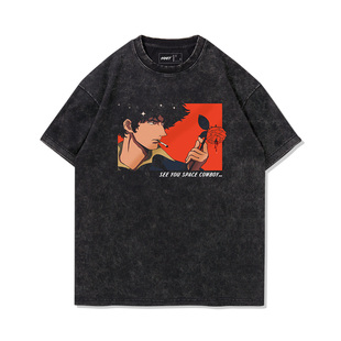 TEE7-星际牛仔COWBOY短袖T恤情人节玫瑰水洗做旧复古动漫纯棉宽松