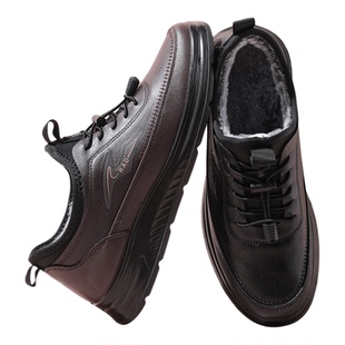 福连升2025冬新款商务休闲皮鞋加绒保暖男鞋棉鞋橡胶防滑软底系带