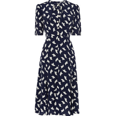 LK BENNETT夏季新款蝴蝶结收腰高级感印花桑蚕丝真丝连衣裙