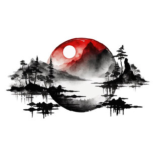 原创国潮古风水墨山水画图案印花t恤包包烫画贴耐水洗热转印贴纸