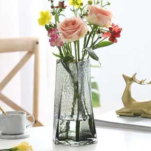 高档轻奢北欧描金玻璃花瓶水养富贵竹百合玫瑰三角口花瓶客厅插花