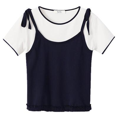 夕蒙2026新款夏高级小众时尚洋气上衣独特设计感假两件短袖t恤女