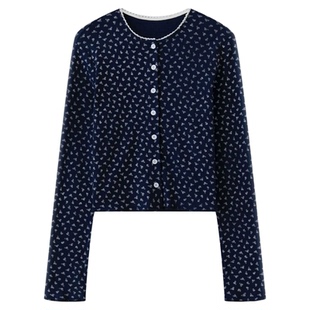 BM碎花卷边开衫 赵露思同款韩系甜美碎花长袖针织上衣春秋外套新