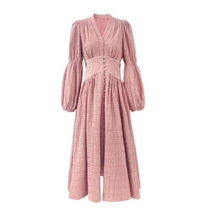 AM NANA法式粉色长袖连衣裙女轻熟风优雅绝美仙女裙气质a字长裙子