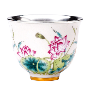 手工纯银茶杯999主人杯汝窑陶瓷包银内胆杯喝茶小杯子手绘品茗杯