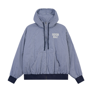GOODBAI 粗体logo印花格纹连帽抽绳宽松拉链卫衣外套