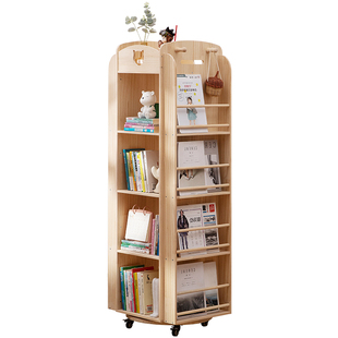 实木旋转书架360度落地置物架一体靠墙移动书柜子儿童绘本架储物