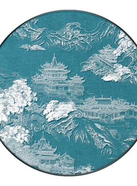 现代国潮 银箔质感挂画新中式玄关灯光装饰画浮雕银箔圆形山水画