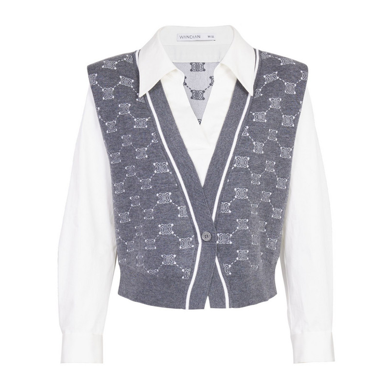婉甸秋季新品岩石灰提花拼接假两件毛衫开衫长袖绵羊毛1243W04GL2