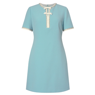 【法式洋装裙】Lakoradior拉珂蒂浅蓝连衣裙春夏蕾丝领口蝴蝶结裙