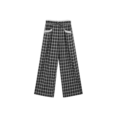 安妮不火蕾丝拼接色织格子抽绳休闲长裤女微胖大码宽松显瘦格纹裤