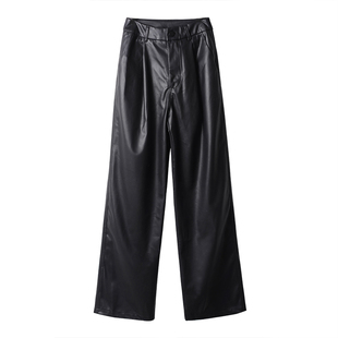 皮裤女春秋2024新款美式复古高街高腰宽松PU西装直筒加长阔腿裤子