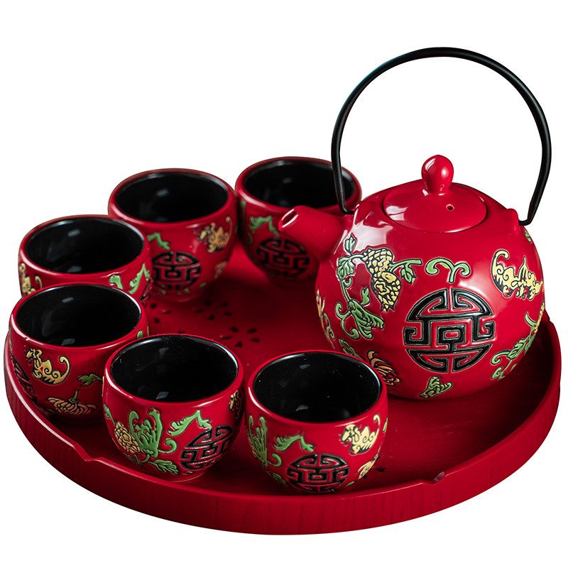 手工雕刻中式结婚茶具套装木托盘