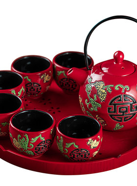 手工雕刻中式结婚茶具套装木托盘