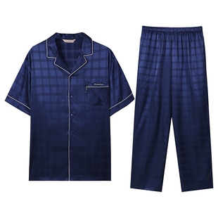 秋鹿短袖春夏冰丝睡衣男2025年新款格纹丝绸男士家居服套装夏薄款