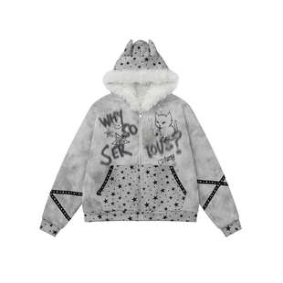 亚文化恶魔角毛领外套女冬季新款加厚连帽卫衣宽松情侣座山雕棉服