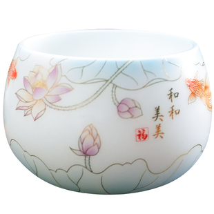 妙莲天香《和和美美》冰种玉瓷荷花茶杯主人杯个人专用陶瓷单杯